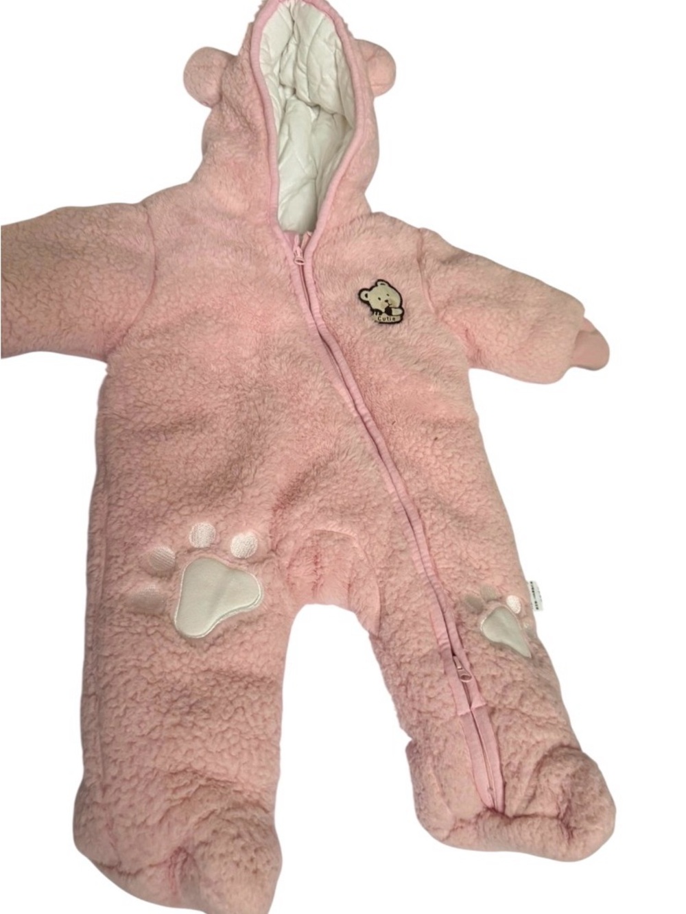 NWOT Pink Sherpa Baby Bear Hooded Snowsuit 0-3M Footed Bunting Cozy Winter - Picture 9 of 13